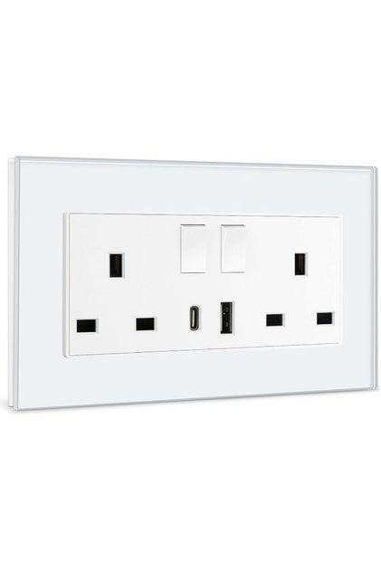 مقبس حائط مزدوج أبيض اللون مع منافذ شحن USB-C و USB-A، 13 أمبير، كهربائي للحائط