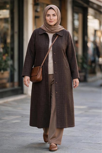 Plus Size Quilted Patterned Long Coat with Piping