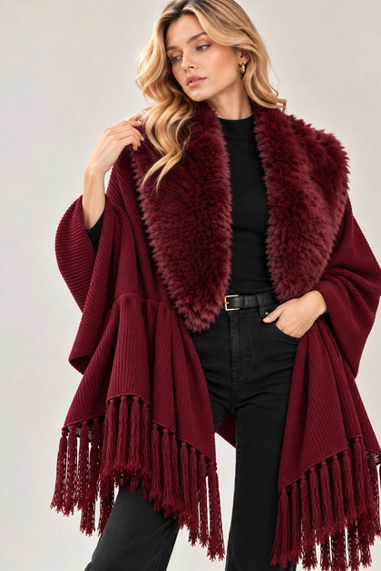 Women's Burgundy Fur Collar Detailed Tasseled Loose Knitwear Shawl Poncho
