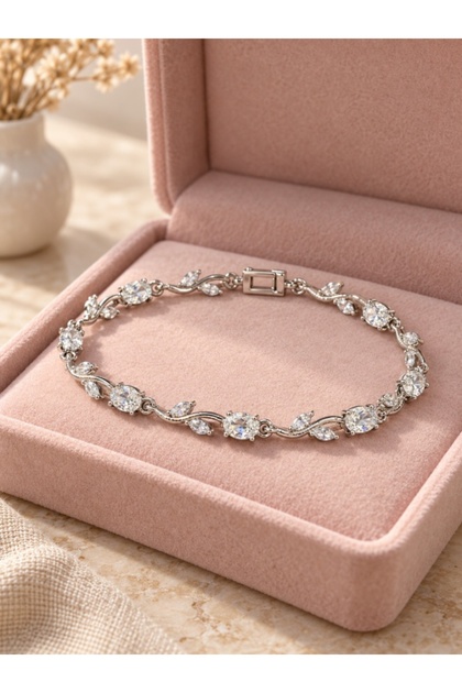 Women's Silver Color Waterway Bracelet with White Stones and Leaf Branch Pattern Bridal Evening Dress