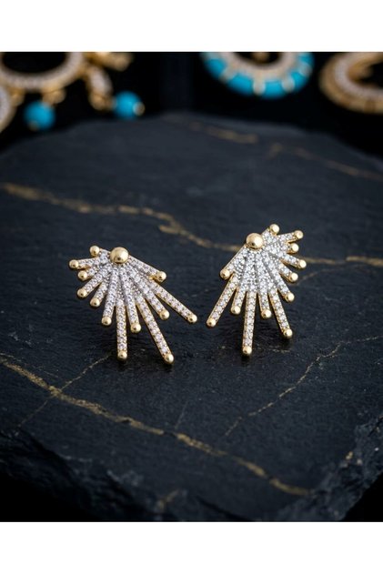 Zircon Stone Beam Fan Sun Detailed Steel Earrings