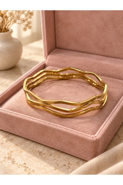 Women's Gold Color Wavy Triple Bracelet Set Steel Thin Layered Bracelet