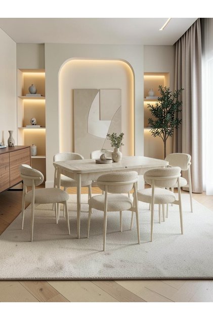 Hera Serisi 6 Kişilik Premium Oscar Kumaş 80*130 Traverten Mdf Masa Sandalye Seti Krem İskelet