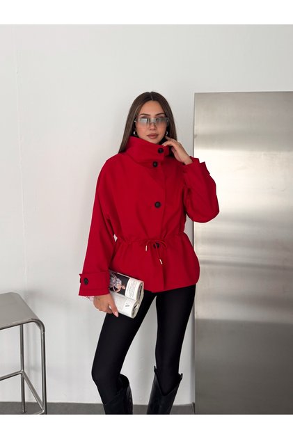 Women's Stand Collar, Gathered Waist, Lace-Up, Buttoned Oversize Seasonal Short Trench Coat