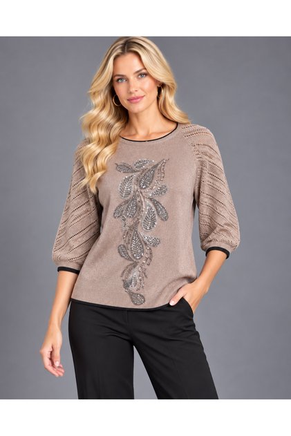 Silvery Stone Embroidered Openwork Sleeve Women's Knitwear Blouse Standard Size