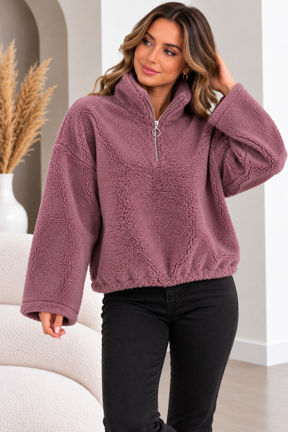 Women's Plush Fleece Sweatshirt with Half Zipper, High Collar, Cropped Winter Model