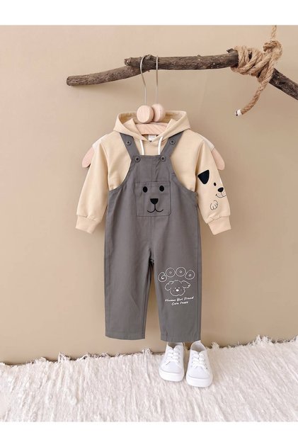 Boy's Denim Salopet Set with Hooded Sweatshirt and Dog Print
