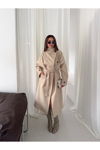 Women's Stand Collar Belted Waist Tie Buttoned Oversize Seasonal Long Trench Coat