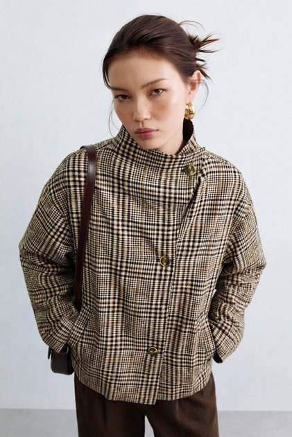 Women's Plaid Asymmetrical Collar Jacket - Brown