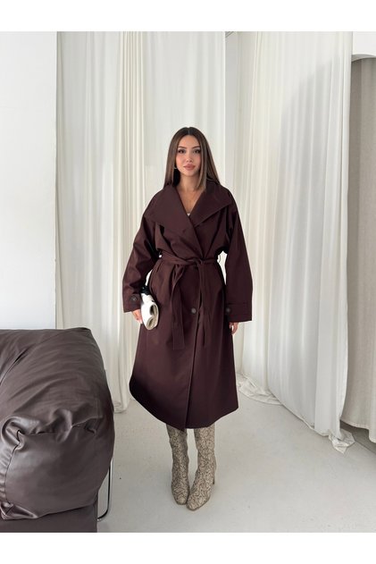 Women's Stand Collar Belted Waist Tie Buttoned Oversize Seasonal Long Trench Coat