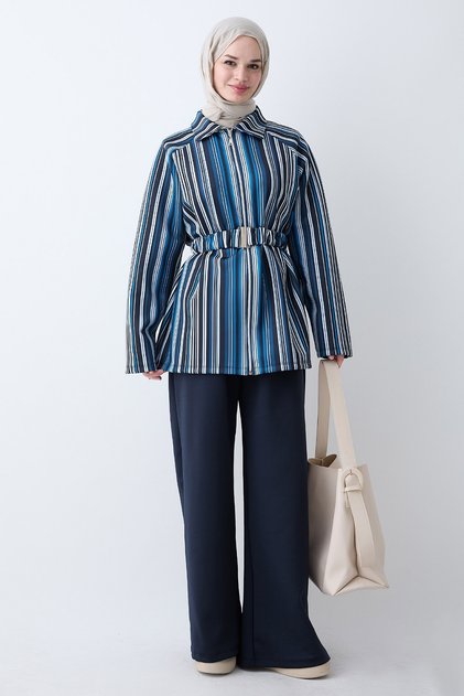Striped Belted Navy Blue Suit