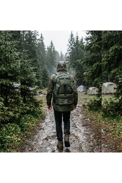 Camping Bag 45 Liter Backpack with Bellows Trekking Outdoor Waterproof 5 Compartment Lined (Green)
