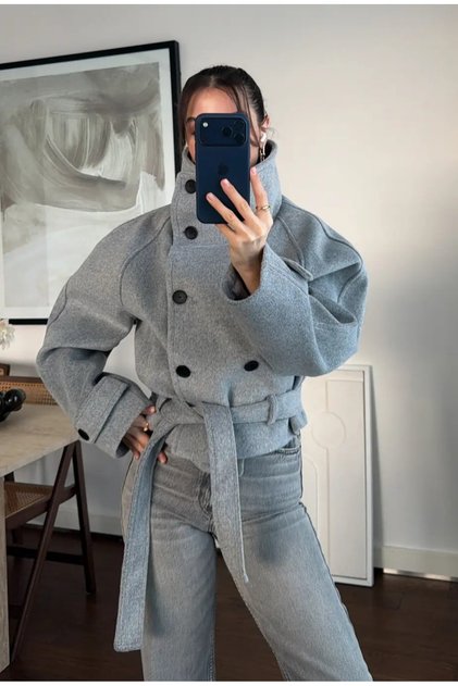 Gri Crop Kaşe Ceket - 508395