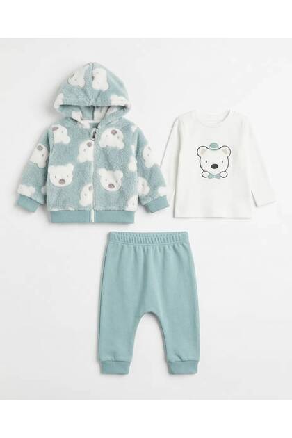 Teddy Bear Embroidered 3-Piece Baby Boy Set with Welsoft Fleece 100% Cotton 3-6 Months 6-9 Months 9-12 Months 12-18 Months Baby Boy Set Hooded Cardigan+Body+Pajamas Newborn Baby Set 100% Cotton Winter Baby 3-Piece Set