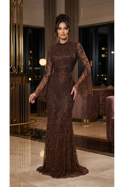 Elegant Chocolate Brown Long Evening Dress with Beads and Sequins Flare Sleeves High Neckline