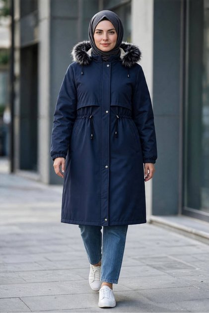 Women's Plus-Size Long Coat/Trench Coat with a Plush Lining, Removable Hood, Adjustable Waist, and Fur Lining.