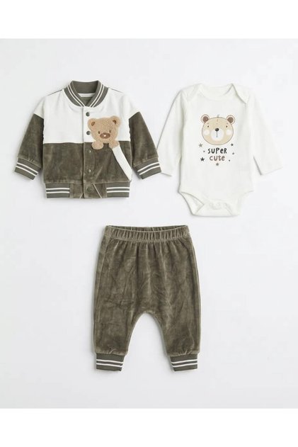 3-Piece Teddy Bear Embroidered Baby Boy Set Velvet 100% Cotton Printed Bodysuit 0-3 Months 3-6 Months 6-9 9-12 Months Newborn Baby Set Jacket+Pants+Bodysuit 100% Cotton Winter Baby 3-Piece Set