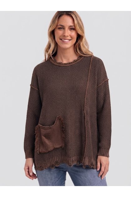 Women's Oversized Casual 100% Cotton Knitwear Sweater Blouse with Pocket and Vintage Detail