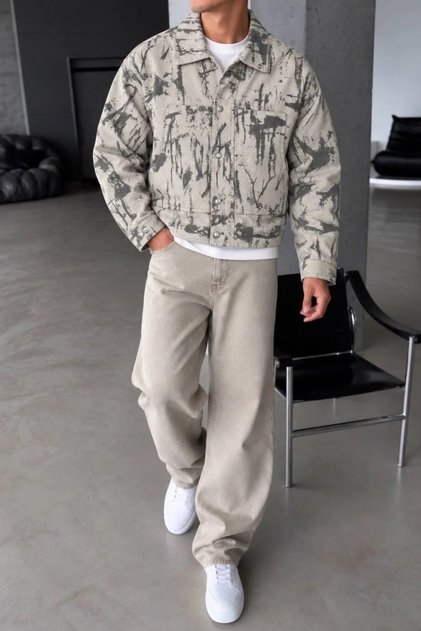 Men's Beige Tie-Dye Patterned Jean Jacket – Comfortable Fit, Buttoned, Double Pockets, Casual Street Style Ke-1352