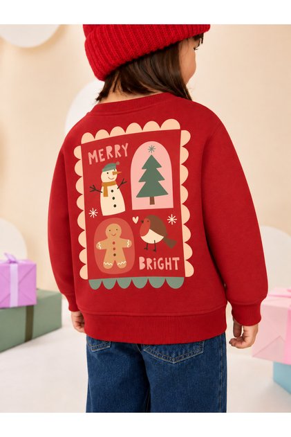 Merry Bright Snowman Printed Red Unisex Kids Sweatshirt 4-12 Years
