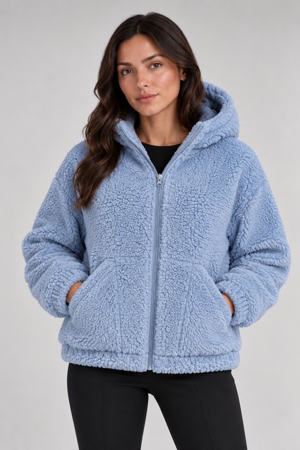 Women's Blue, Oversized Hooded Plush Coat – Zippered, Pocketed, Soft Textured Teddy Fur Look Winter Coat