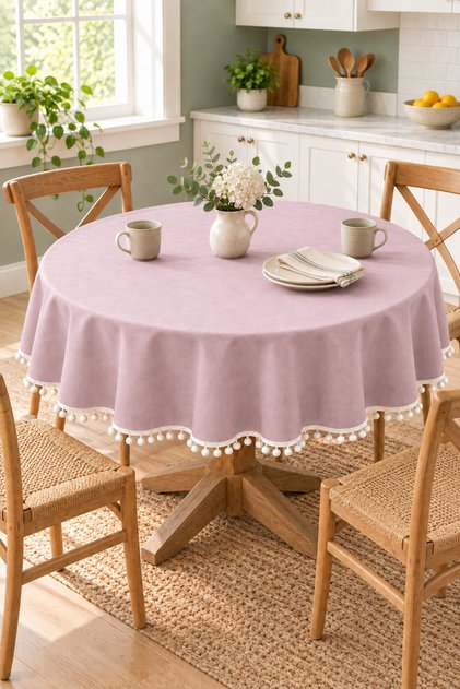 Pompom Detailed Round Tablecloth – Liquid-Resistant, Stain-Proof, Durable Duck Fabric, Different Size Options