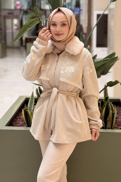 Fuat Gürşen Front Zippered Bag with Mesh Detail and Removable Fur Detail