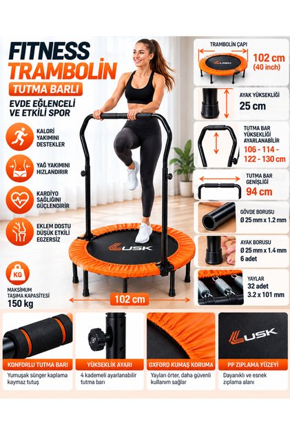 102 cm Tutma Barlı Fitness Trambolin 40 İnç 150 kg Taşıma Kapasiteli Ayarlanabilir Tutacaklı Yetişkin Spor ve Egzersiz Trambolini