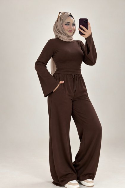 Women's Brown Drawstring Trousers and Tie-Back Fitted Blouse Two-Piece Set