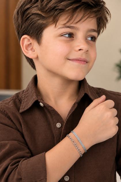 Boy's Silver Color Flat and Figaro Model 2-Piece Steel Bracelet Set - Non-Tarnish, Stainless, Allergy-Free 2-Piece Children's Bracelet