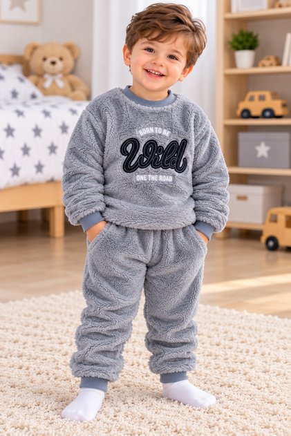Boy's Welsoft Plush Pajama Set Born to Be Wild Patterned Top and Bottom Set