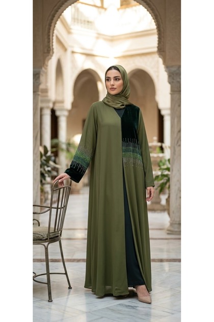 Premium Green Korean Nida Abaya with Velvet Detailing & Elegant Beads Work Luxury Modest Wear