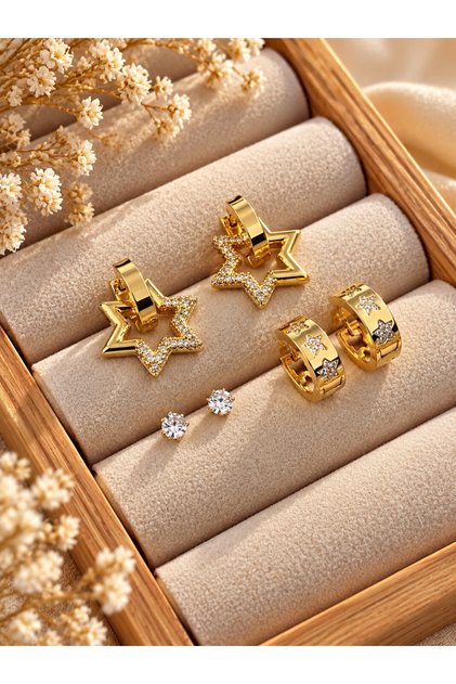 Women's Gold Star Earring Set | 3 Pairs of Stone Hoop and Star Earrings
