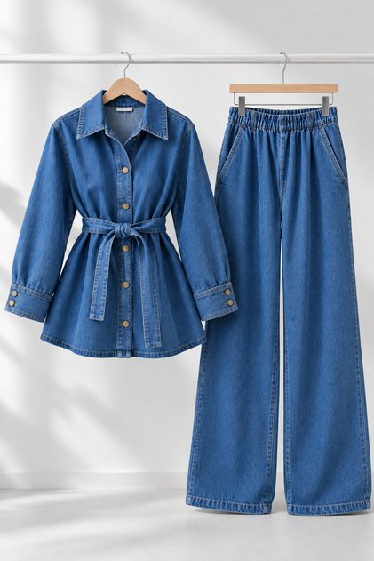Buttoned Sleeve Detail Tied Denim Set - Casual Denim Set