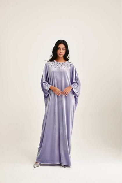 Velvet Jalabiya Decorated with Crystals Purple