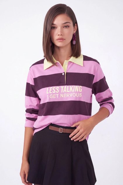 Çizgili Polo Yaka Slogan Baskılı Oversize Kadın Sweatshirt