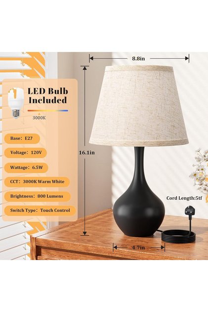 Touch Bedside Lamp for Bedroom, 3-Way Dimmable Small Bedside Lamps for Night Stands, Black Bedroom lamp for Kids Room, Desk, Living Room, End Table (Black)