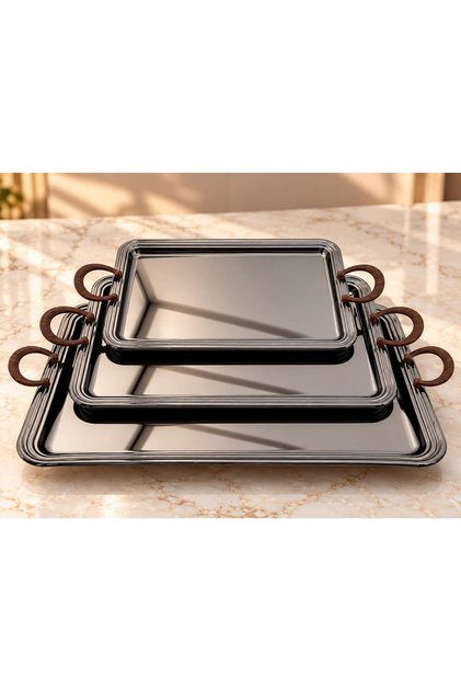 Black Wooden Serving Tray Set 3 Pieces Heavy Duty