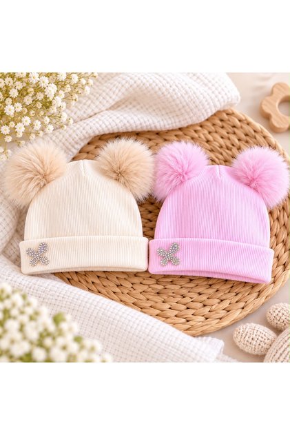 Double Pompom and Stoned Baby Girl Camisole Beanie – Winter Hat with Ecru and Pink Color Options