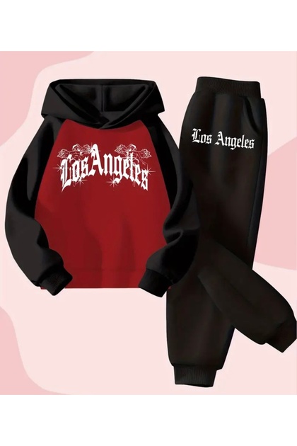 Hooded Los Angeles Printed 100% Cotton 3 Yarn Large Size Special Series Winter Women's Tracksuit Set