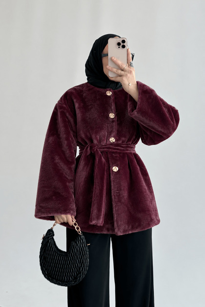 Gold Buttoned Coat - 4531 - Claret Red