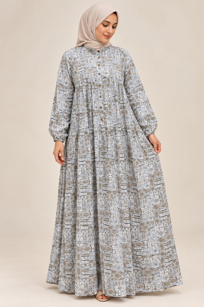 Printed Light Gray Maxi dress with pocket and Front open button