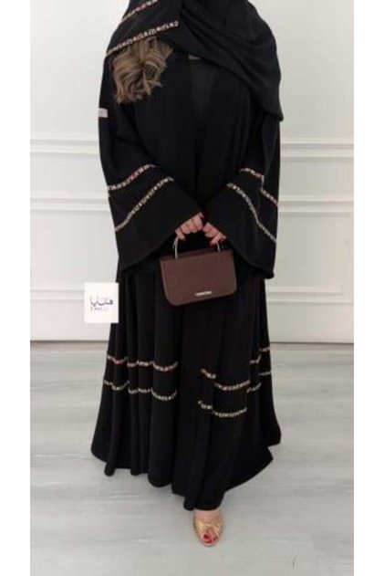Shomox Double Cloche Abaya in Royal Crepe Fabric with Wide Sleeve Embroidery Accents