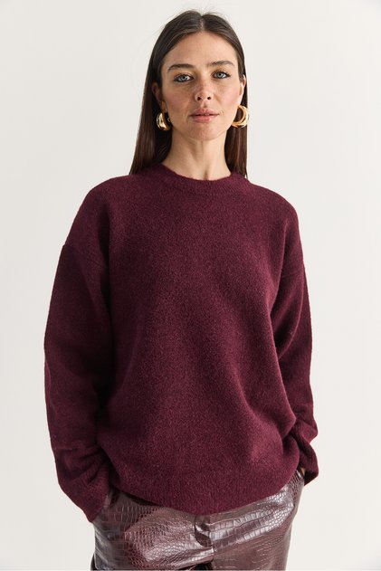Women's Burgundy Embroidered Crew Neck Oversize Knitwear Sweater 4761 60286705