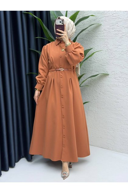 Women's Modest Terracotta-Colored First-Class Double Crepe Fabric Dress