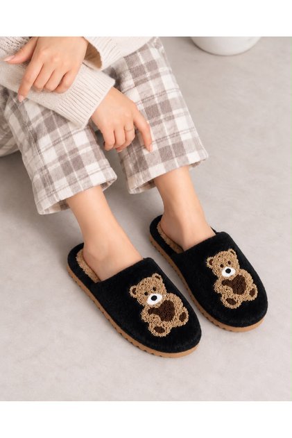 Women's Black Teddy Bear Embroidered Plush Furry Comfortable House Slippers