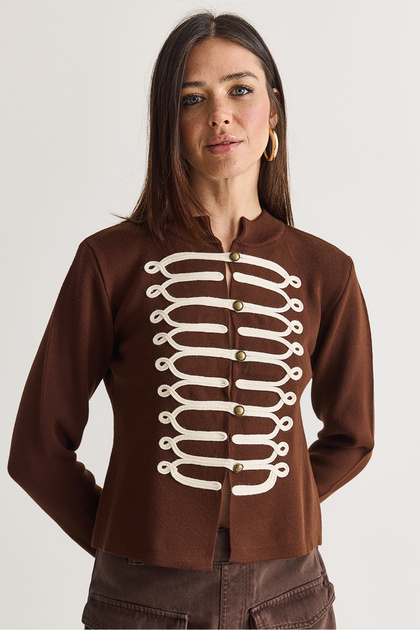Women's Bitter Brown Napoleon Model Piping Detailed Metal Buttoned Stand Collar Knitwear Cardigan 9116 60286736