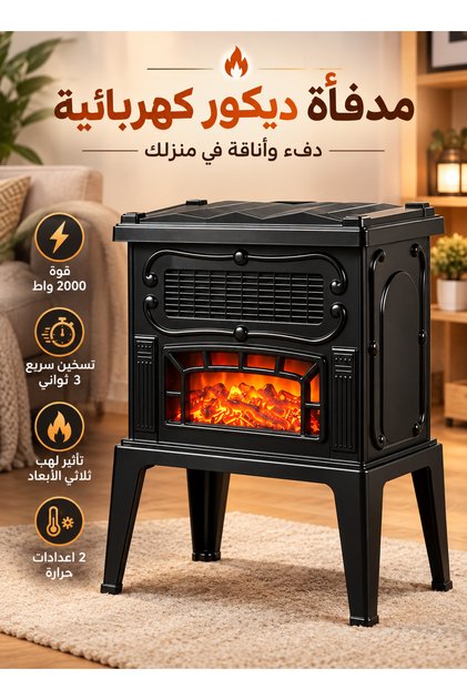 مدفأة ديكور كهربائية قوة 2000 واط تسخين سريع 3 ثواني تأثير لهب ثلاثي الأبعاد 2 اعدادات حرارة، دفاية كهربائية