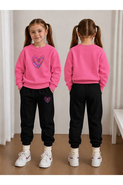 Sweatshirt Tracksuit Set for Girls, Printed, Crew Neck, 3 Yarns, Rastered, Winter Cotton, Comfortable Fit Set