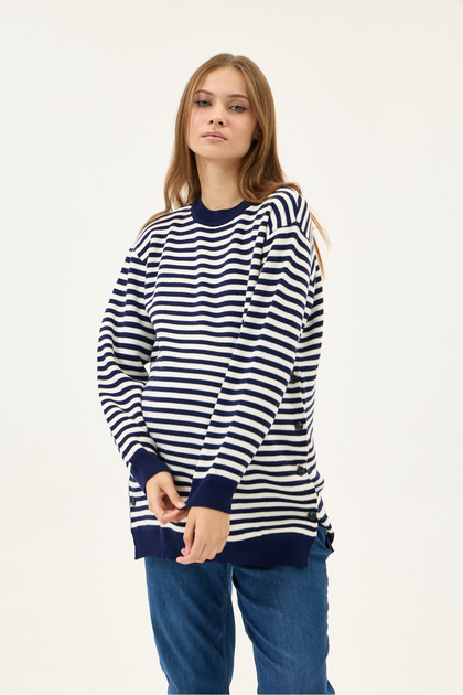 Maternity Striped Sweater, Detailed with Openable Buttons on the Sides (Navy Blue)